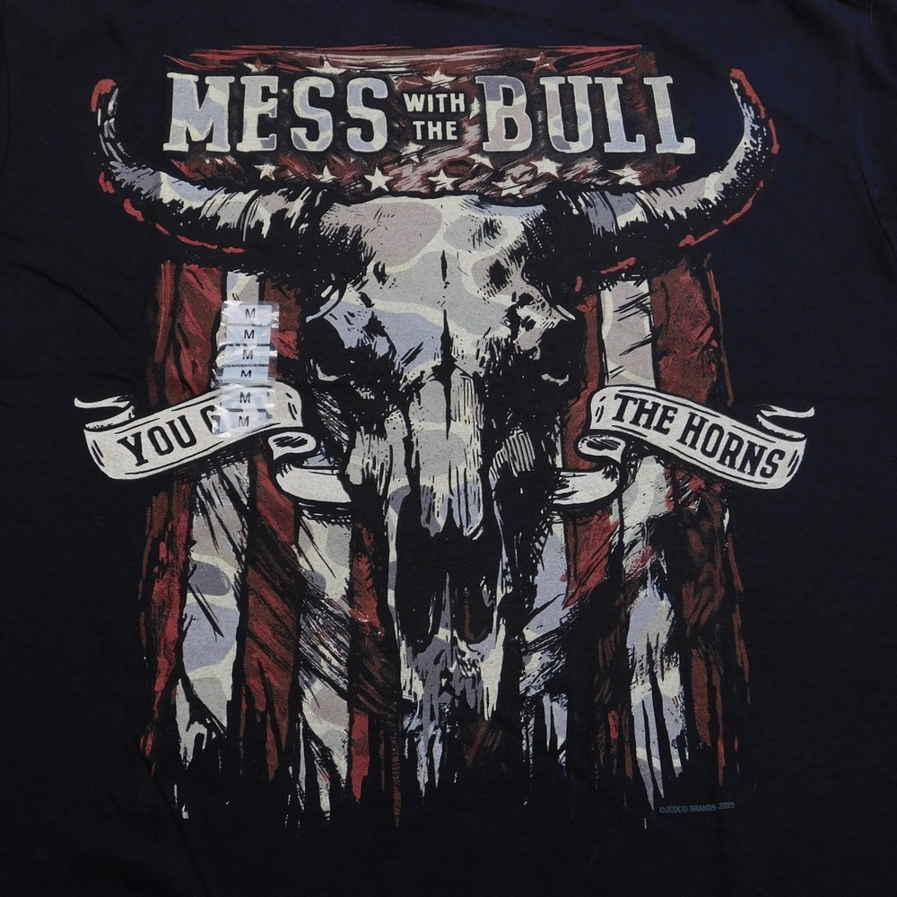Jedco T-Shirt Mens Medium Black Mess With The Bull Graphic USA Flag 2312 MD